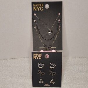 Madden NYC Women's Silver Heart & Bow Necklace and Earring Set Silver Tone